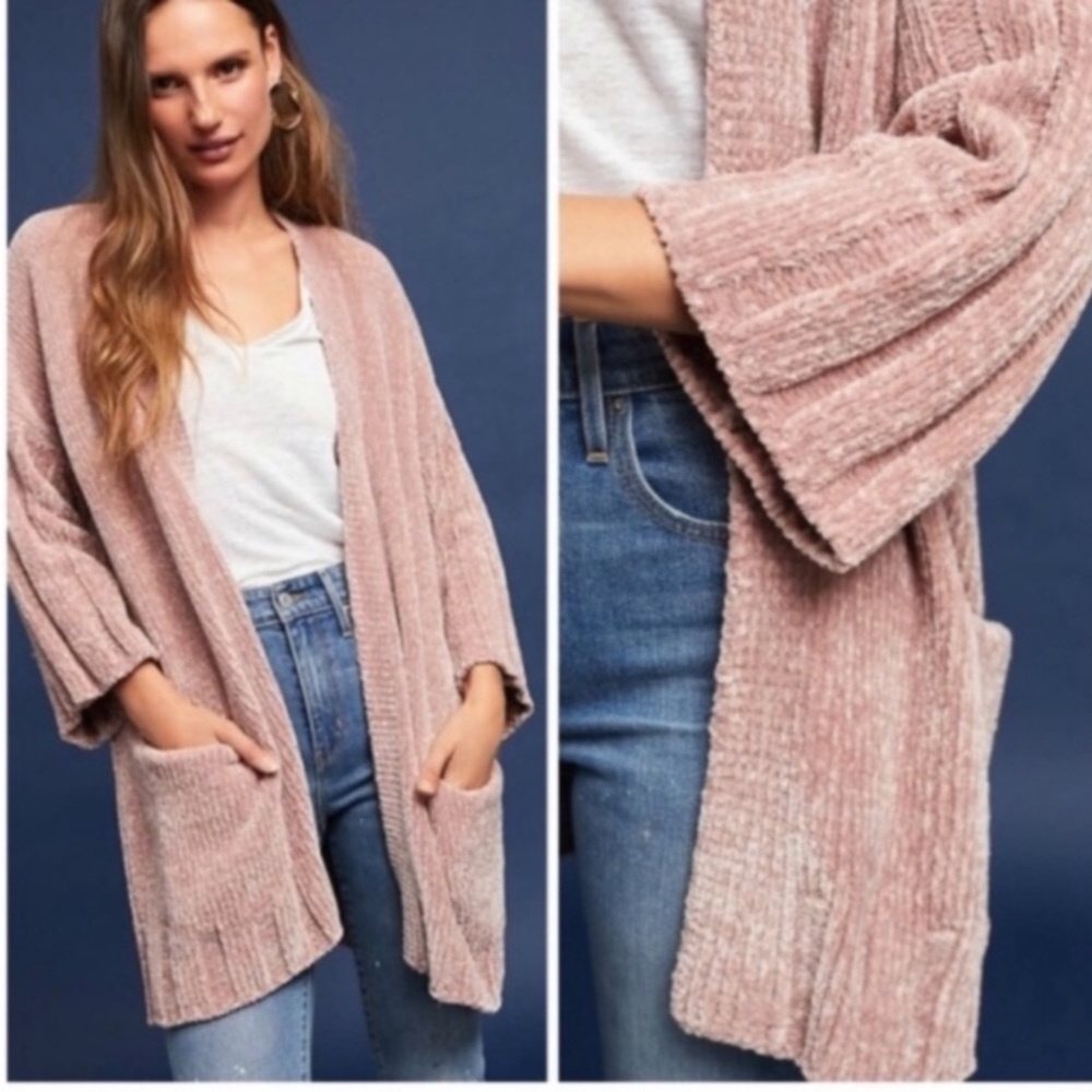 Anthropologie Moth Chenille Kimono Cardigan Pink Oversized Roomy Soft Pockets
